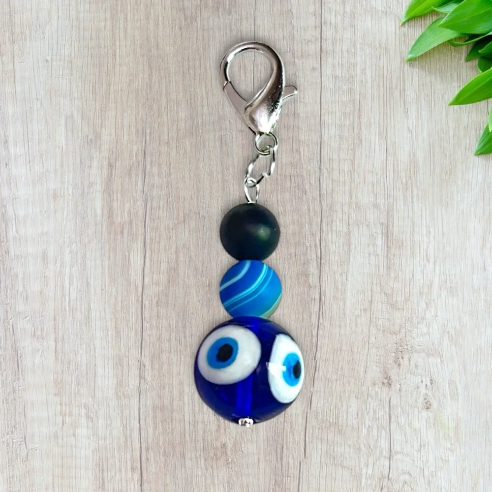 Hand Crafted Purse Pet Charm Onyx Blue Agate  Glass Ball Evil Eye Matte - Picture 4 of 7